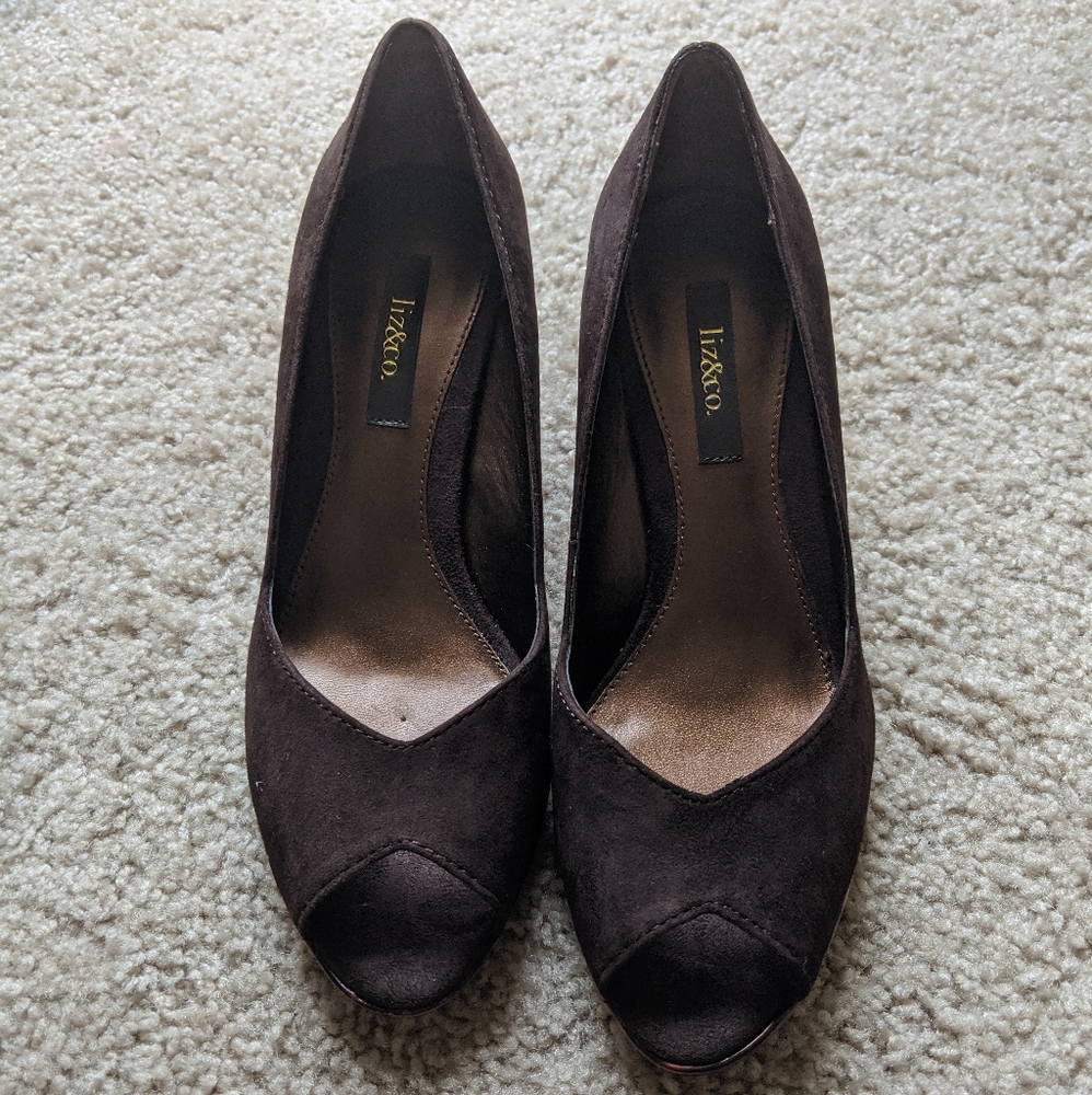 Women's Leather Seude Brown Peep Toe heels, size 7